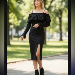 Joy Han Va Va Off Shoulder Long Sleeve Ruffle Dress XS